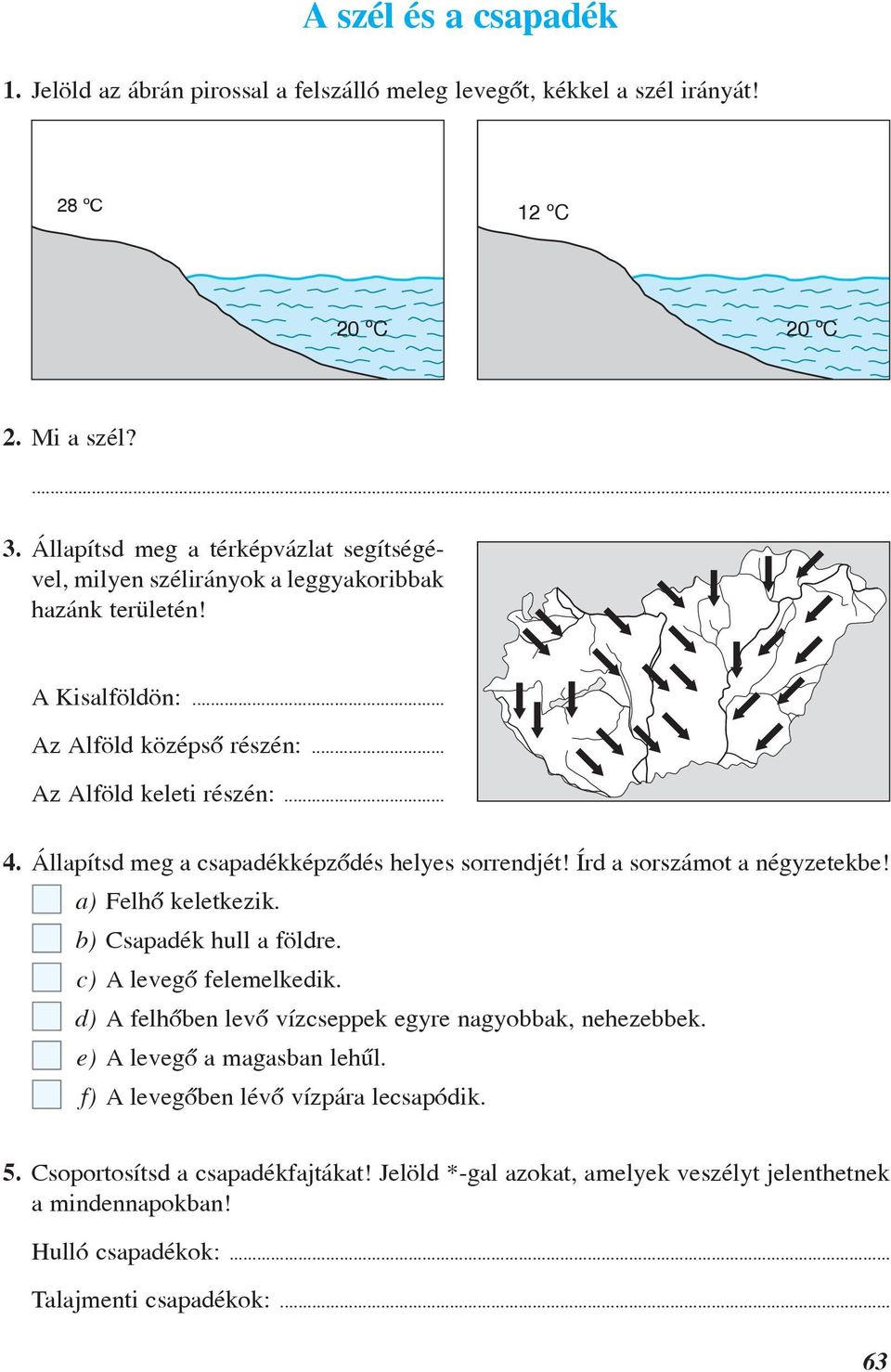 Állapítsd meg a csapadékképzõdés helyes sorrendjét! Írd a sorszámot a négyzetekbe! a) Felhõ keletkezik. b) Csapadék hull a földre. c) A levegõ felemelkedik.