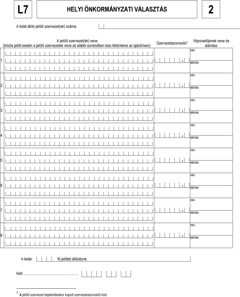 feltüntetve az ajánlóíven): Szervezetazonosító 1 Képviselőjének neve és aláírása: 1 2 3 4 5 6 7