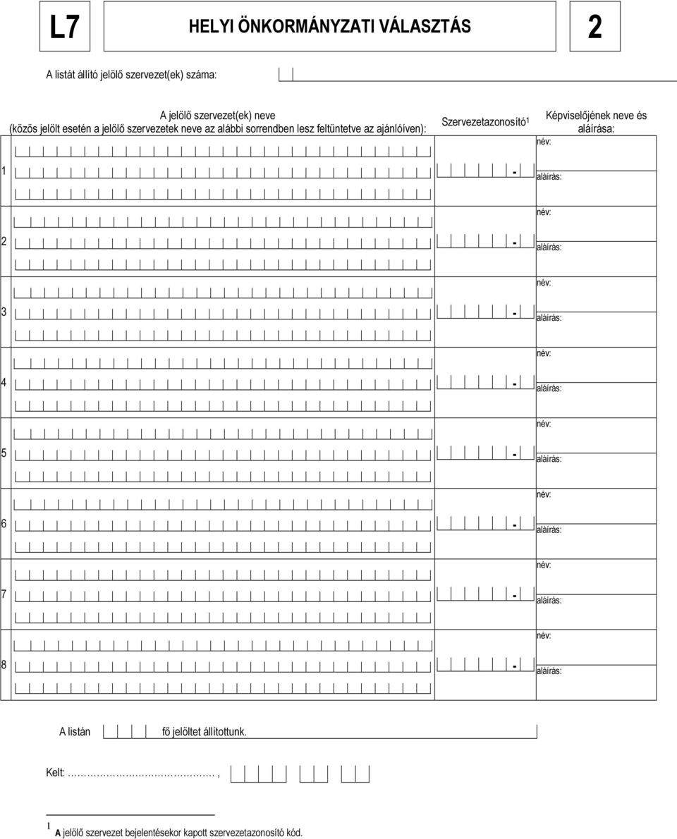 feltüntetve az ajánlóíven): Szervezetazonosító 1 Képviselőjének neve és aláírása: 1 2 3 4 5 6 7