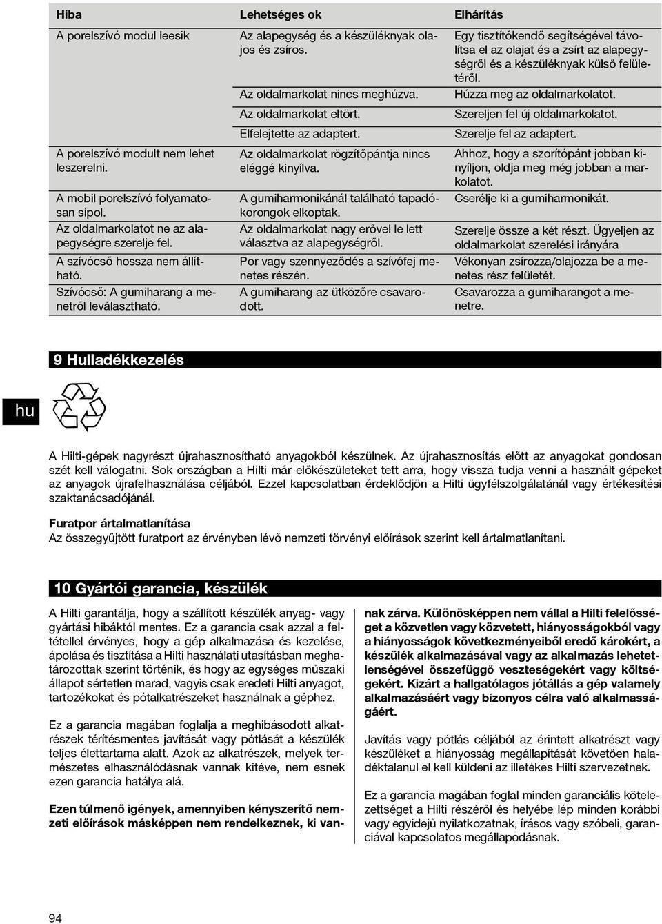 Az oldalmarkolat eltört. Szereljen fel új oldalmarkolatot. Elfelejtette az adaptert. Szerelje fel az adaptert. A porelszívó modult nem lehet leszerelni. A mobil porelszívó folyamatosan sípol.