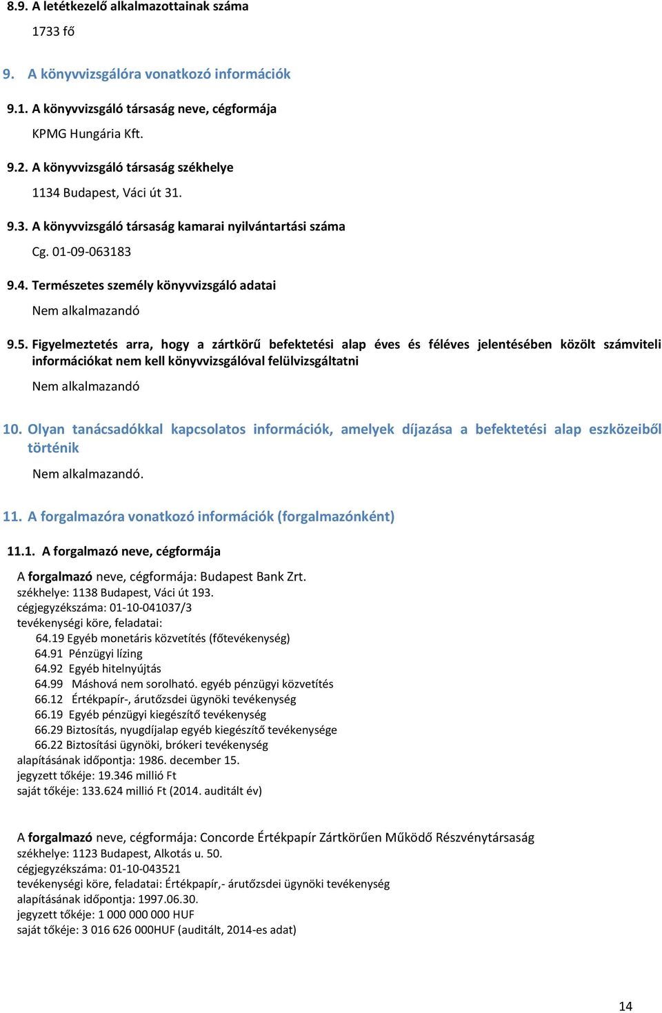 5. Figyelmeztetés arra, hogy a zártkörű befektetési alap éves és féléves jelentésében közölt számviteli információkat nem kell könyvvizsgálóval felülvizsgáltatni Nem alkalmazandó 10.