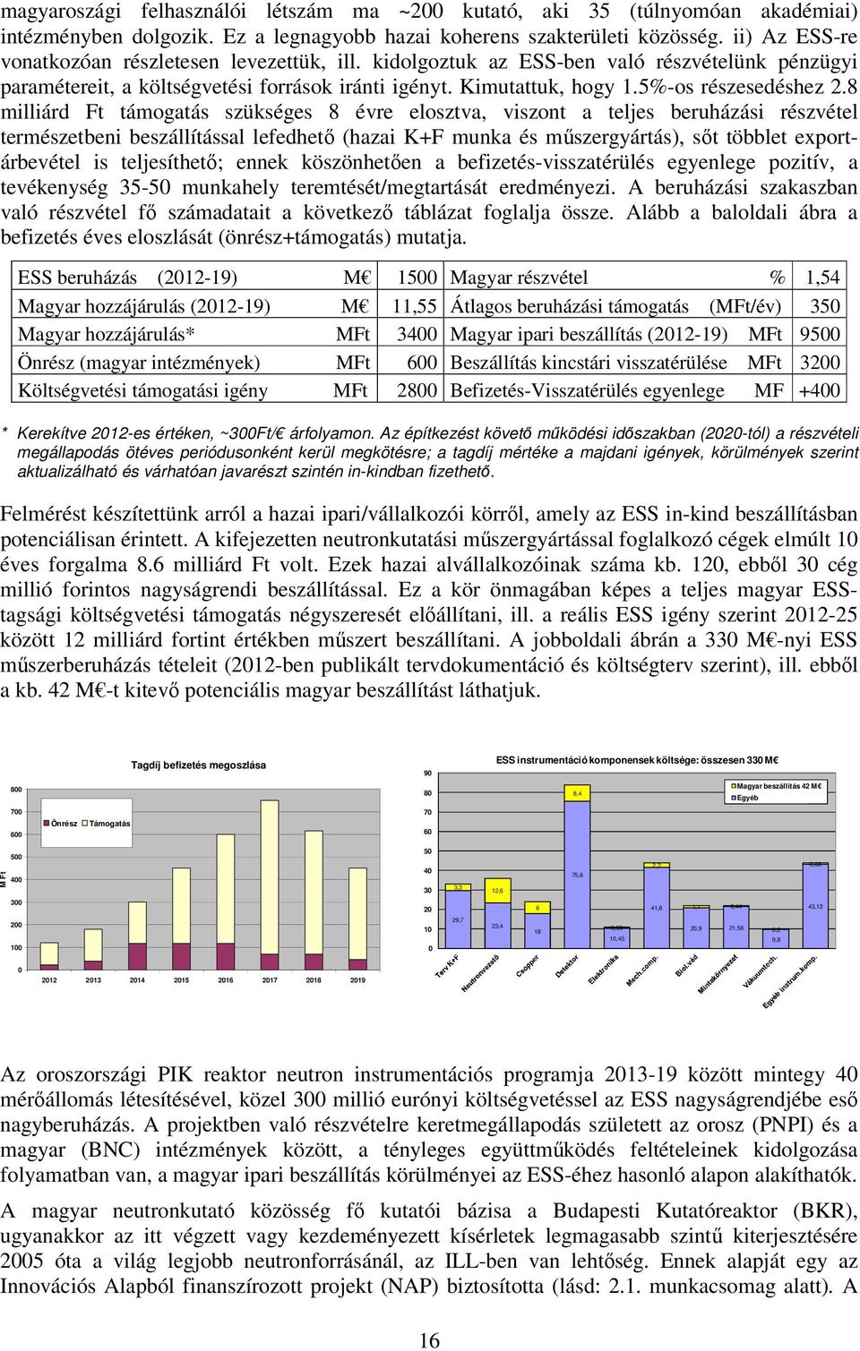 8 milliárd Ft támogatás szükséges 8 évre elosztva, viszont a teljes beruházási részvétel természetbeni beszállítással lefedhető (hazai K+F munka és műszergyártás), sőt többlet exportárbevétel is