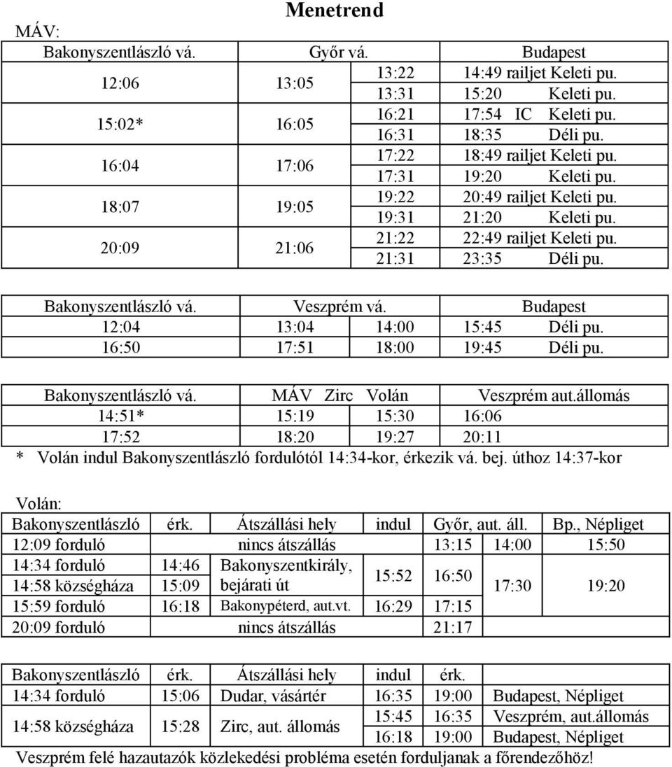 Bakonyszentlászló vá. Veszprém vá. Budapest 12:04 13:04 14:00 15:45 Déli pu. 16:50 17:51 18:00 19:45 Déli pu. Bakonyszentlászló vá. MÁV Zirc Volán Veszprém aut.