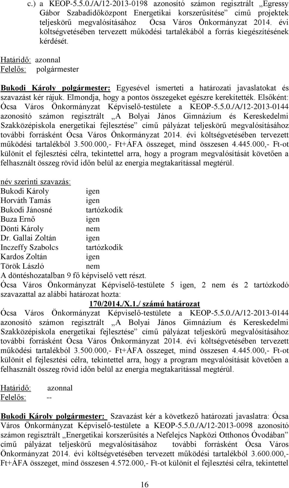 Felelős: polgármester Bukodi Károly polgármester: Egyesével ismerteti a határozati javaslatokat és szavazást kér rájuk. Elmondja, hogy a pontos összegeket egészre kerekítették.