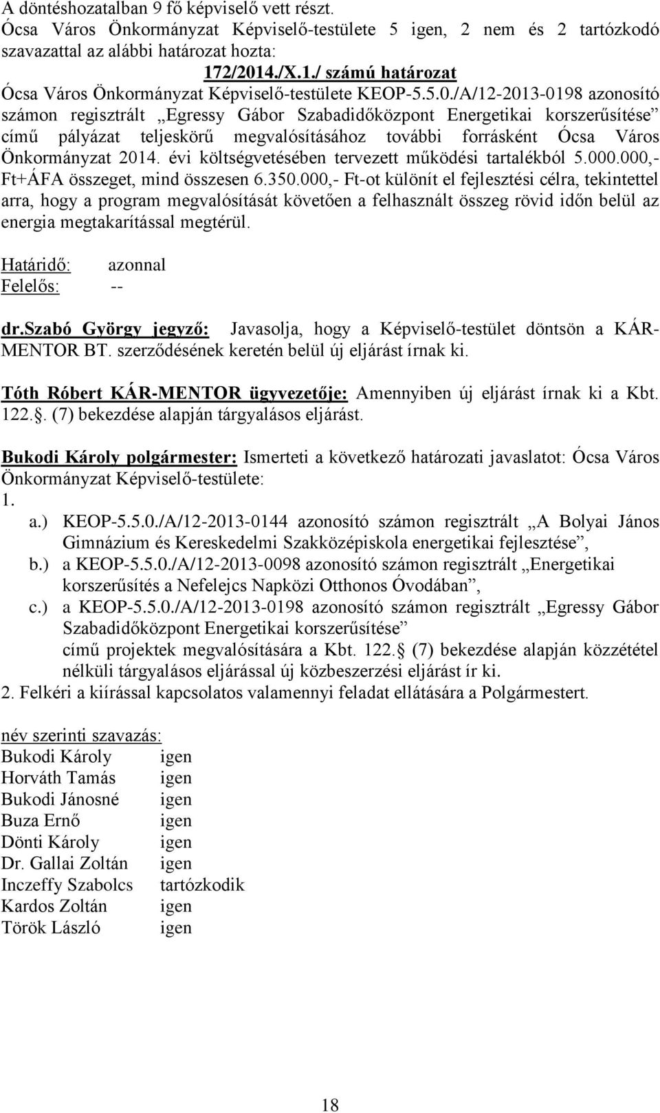 évi költségvetésében tervezett működési tartalékból 5.000.000,- Ft+ÁFA összeget, mind összesen 6.350.