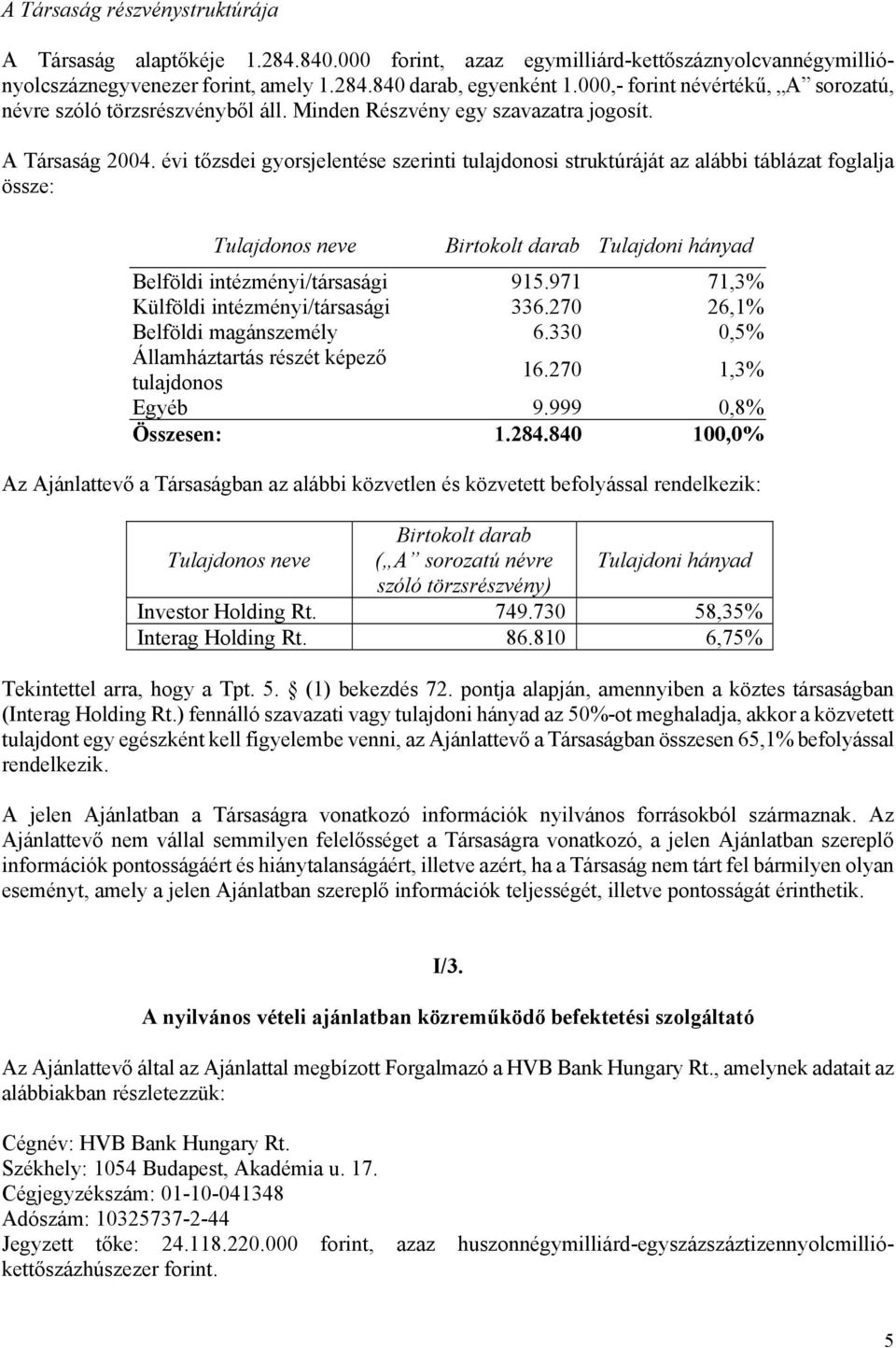 évi tőzsdei gyorsjelentése szerinti tulajdonosi struktúráját az alábbi táblázat foglalja össze: Tulajdonos neve Birtokolt darab Tulajdoni hányad Belföldi intézményi/társasági 915.