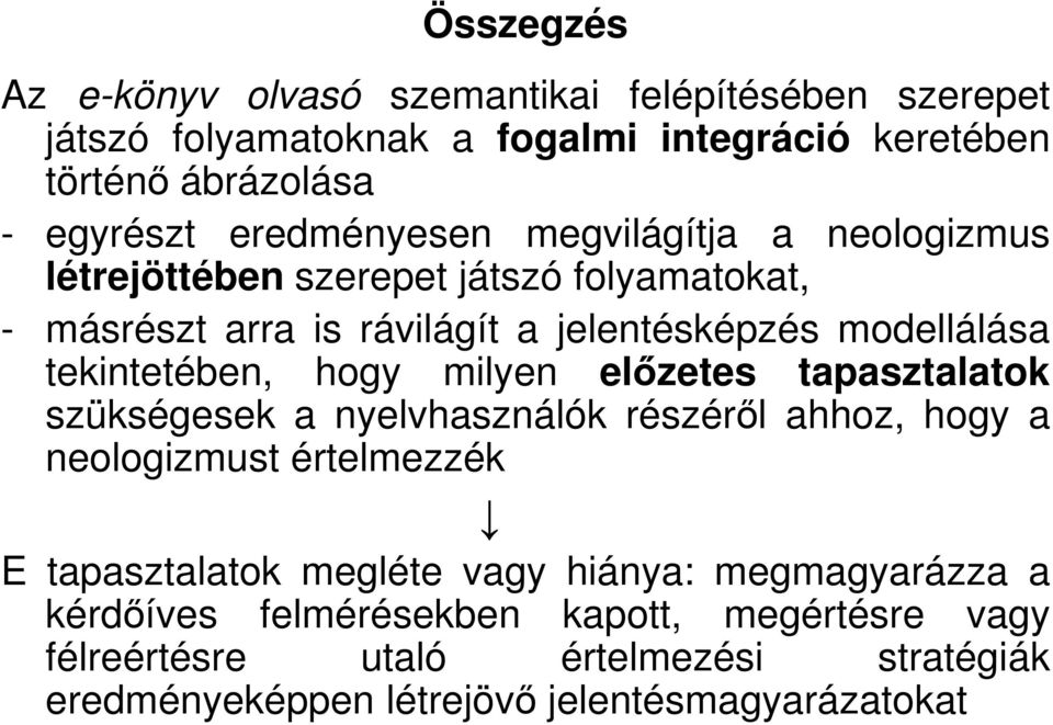 tekintetében, hogy milyen előzetes tapasztalatok szükségesek a nyelvhasználók részéről ahhoz, hogy a neologizmust értelmezzék E tapasztalatok megléte