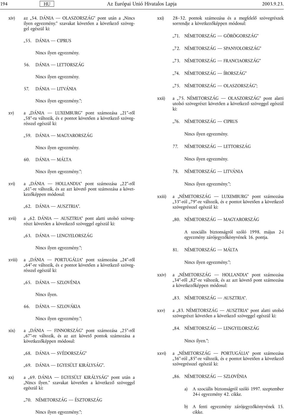 NÉMETORSZÁG ÍRORSZÁG 75. NÉMETORSZÁG OLASZORSZÁG ; ; xv) a DÁNIA LUXEMBURG pont számozása 21 -ről 58 -ra változik, és e pontot követően a következő szövegrésszel egészül ki: 59. DÁNIA MAGYARORSZÁG 60.