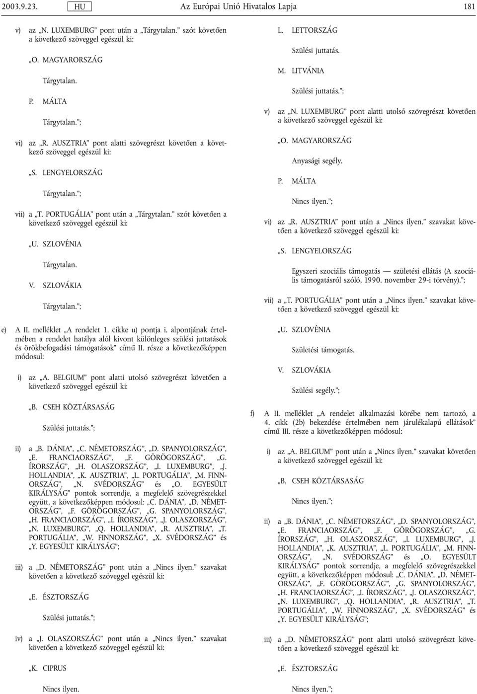 szót követően a következő szöveggel egészül ki: U. SZLOVÉNIA Tárgytalan. V. SZLOVÁKIA Tárgytalan. ; e) A II. melléklet A rendelet 1. cikke u) pontja i.