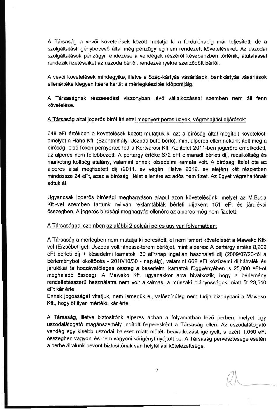 A vevői követelések mindegyike, illetve a Szép-kártyás vásárlások, bankkártyás vásárlások ellenértéke kiegyenlítésre került a mérlegkészítés időpontjáig.