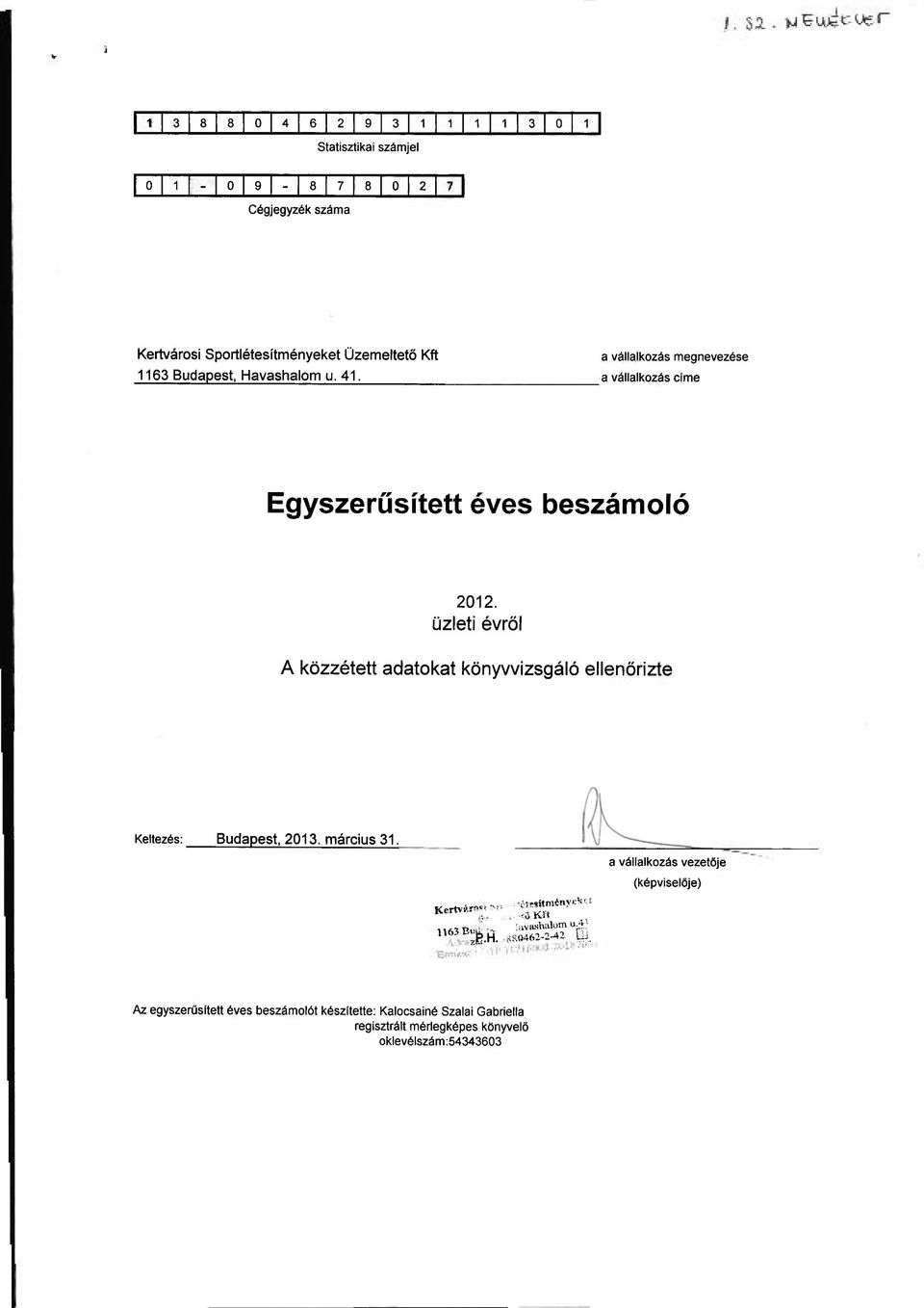 üzleti évről A közzétett adatokat könyvvizsgáló ellenőrizte Keltezés: Budapest, 2013. március 31. Kertvárosi M> Yícsítmínyi:* 11. í4kf» P.H.