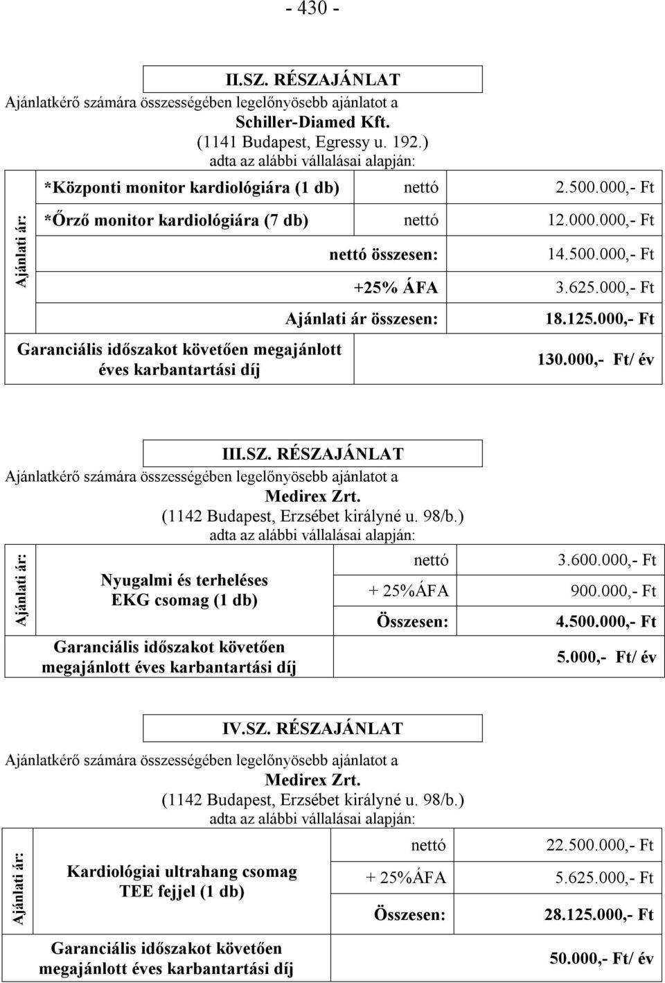 (1142 Budapest, Erzsébet királyné u. 98/b.) Nyugalmi és terheléses EKG csomag (1 db) 3.600.000,- Ft + 25%ÁFA 900.000,- Ft 4.500.000,- Ft 5.000,- Ft/ év Medirex Zrt.