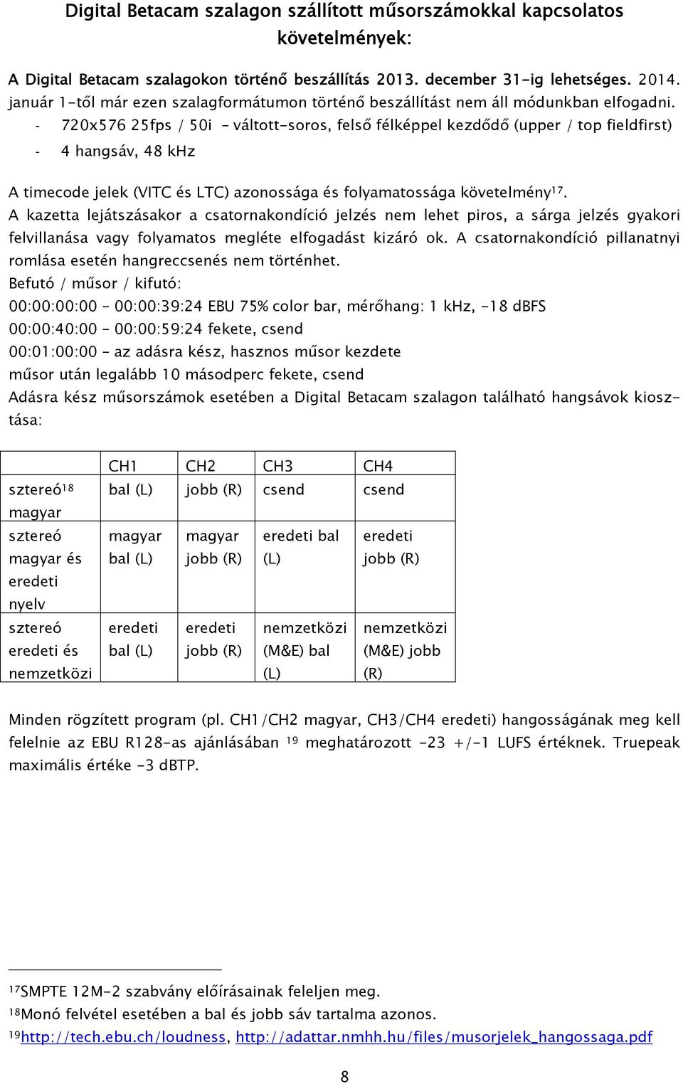 720x576 25fps / 50i váltott-soros, felső félképpel kezdődő (upper / top fieldfirst) 4 hangsáv, 48 khz A timecode jelek (VITC és LTC) azonossága és folyamatossága követelmény 17.