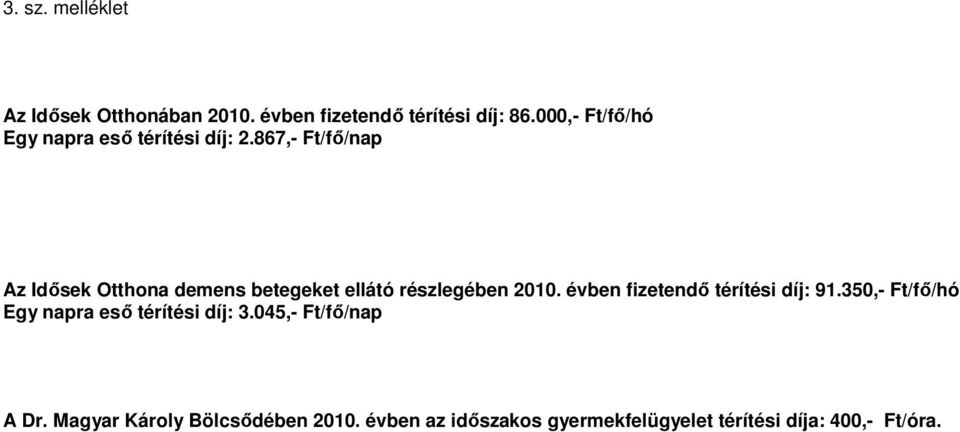 867,- Ft/fı/nap Az Idısek Otthona demens betegeket ellátó részlegében 2010.