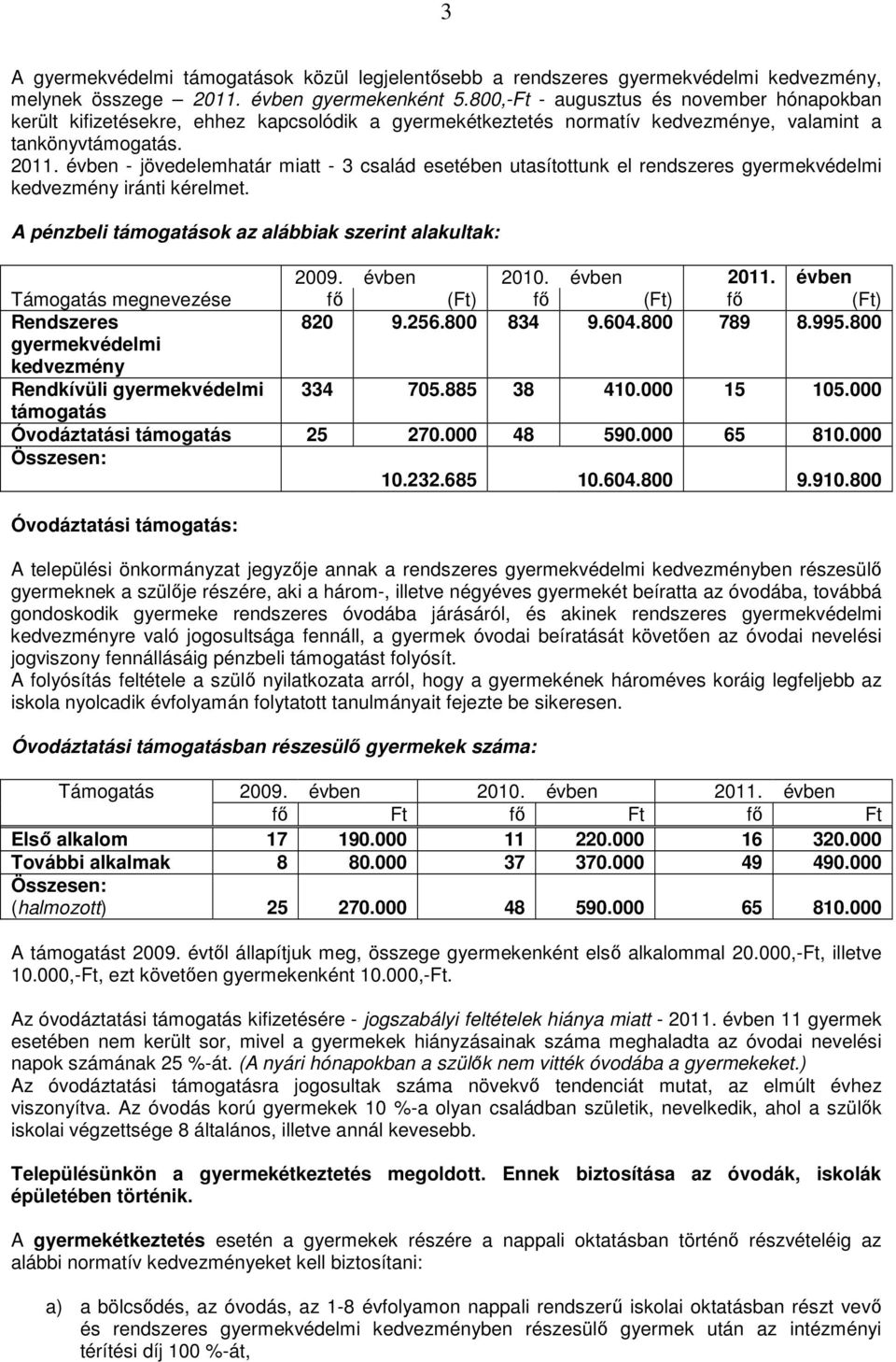 évben - jövedelemhatár miatt - 3 család esetében utasítottunk el rendszeres gyermekvédelmi kedvezmény iránti kérelmet. A pénzbeli támogatások az alábbiak szerint alakultak: 2009. évben 2010.