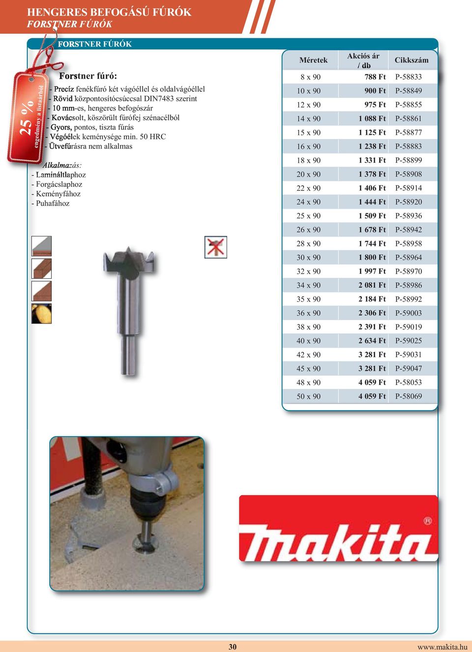 50 HRC - Ütvefúrásra nem alkalmas Alkalmazás: - Lamináltlaphoz - Forgácslaphoz - Keményfához - Puhafához Méretek 8 x 90 788 Ft P-58833 10 x 90 900 Ft P-58849 12 x 90 975 Ft P-58855 14 x 90 1 088 Ft