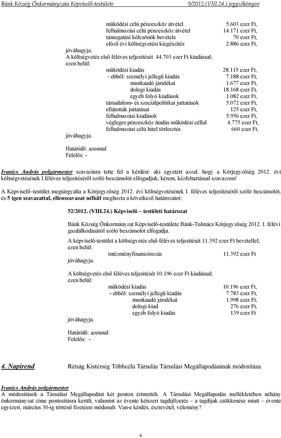 188 ezer Ft, munkaadó járulékai 1.677 ezer Ft, dologi kiadás 18.168 ezer Ft, egyéb folyó kiadások 1.082 ezer Ft, társadalom- és szociálpolitikai juttatások 5.