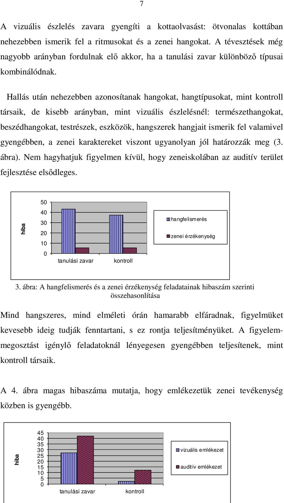 Hallás után nehezebben azonosítanak hangokat, hangtípusokat, mint kontroll társaik, de kisebb arányban, mint vizuális észlelésnél: természethangokat, beszédhangokat, testrészek, eszközök, hangszerek