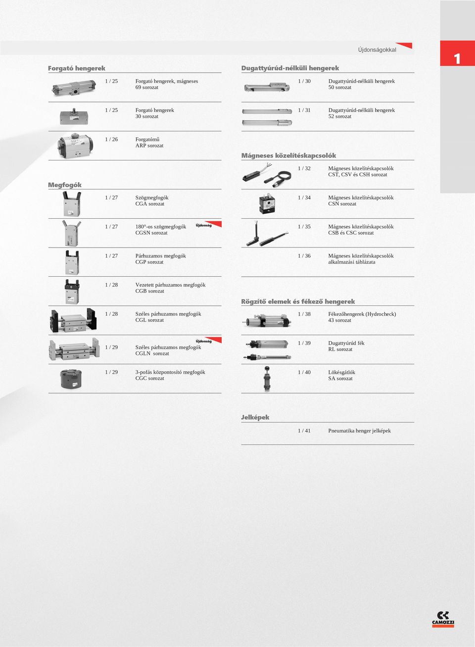 CSB és CSC sorozat / 36 Mágneses közelítéskapcsolók alkalmazási táblázata Megfogók / 7 Szögmegfogók CG sorozat / 7 -os szögmegfogók CGSN sorozat / 7 Párhuzamos megfogók CGP sorozat / 8 Vezetett