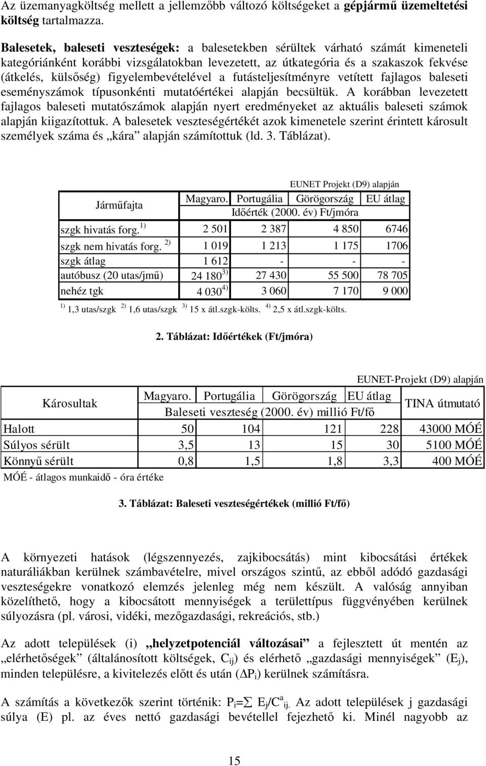 figyelembevételével a futásteljesítményre vetített fajlagos baleseti eseményszámok típusonkénti mutatóértékei alapján becsültük.