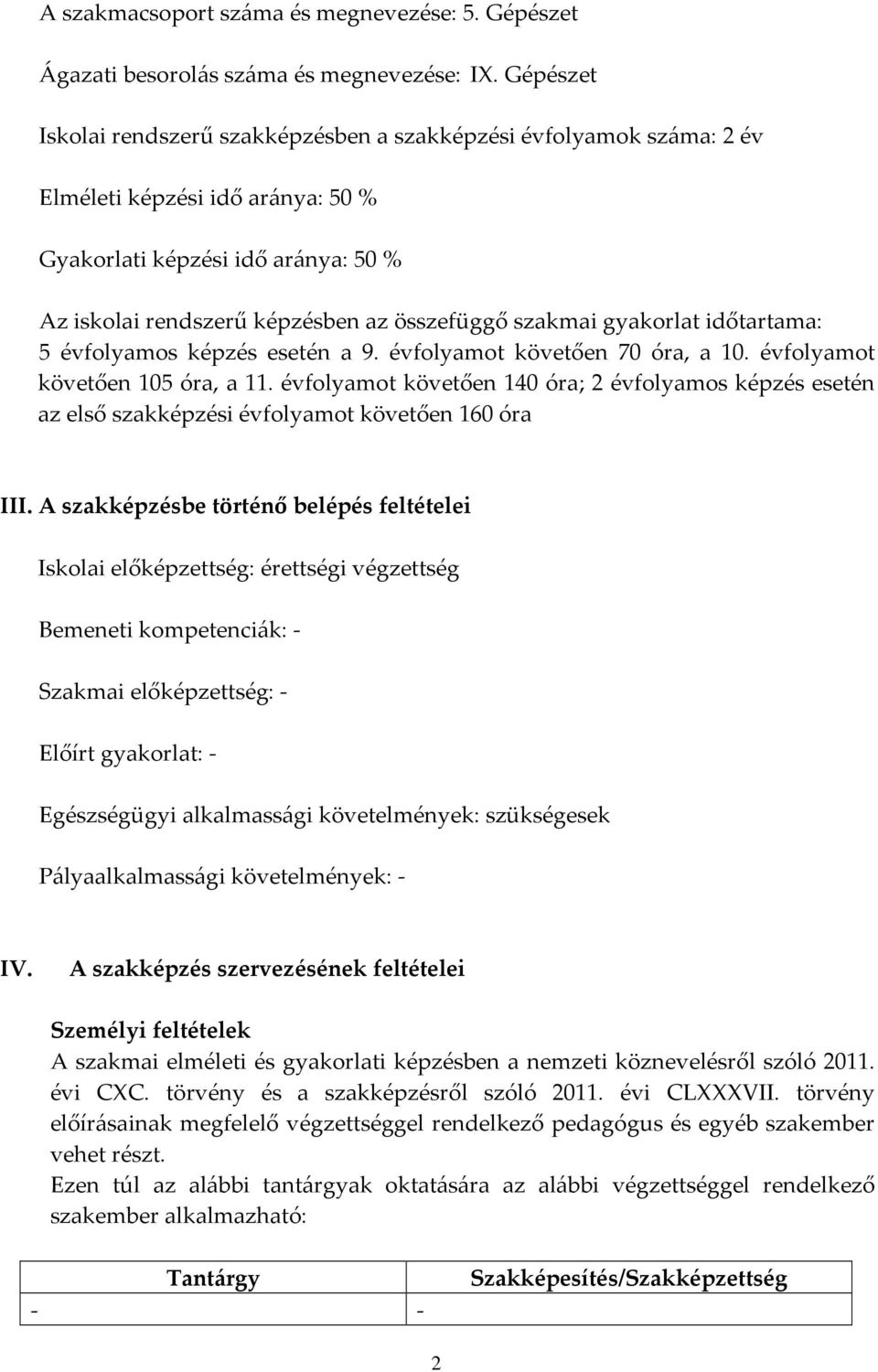 szakmai gyakorlat időtartama: 5 évfolyamos képzés esetén a 9. évfolyamot követően 70 óra, a 10. évfolyamot követően 105 óra, a 11.