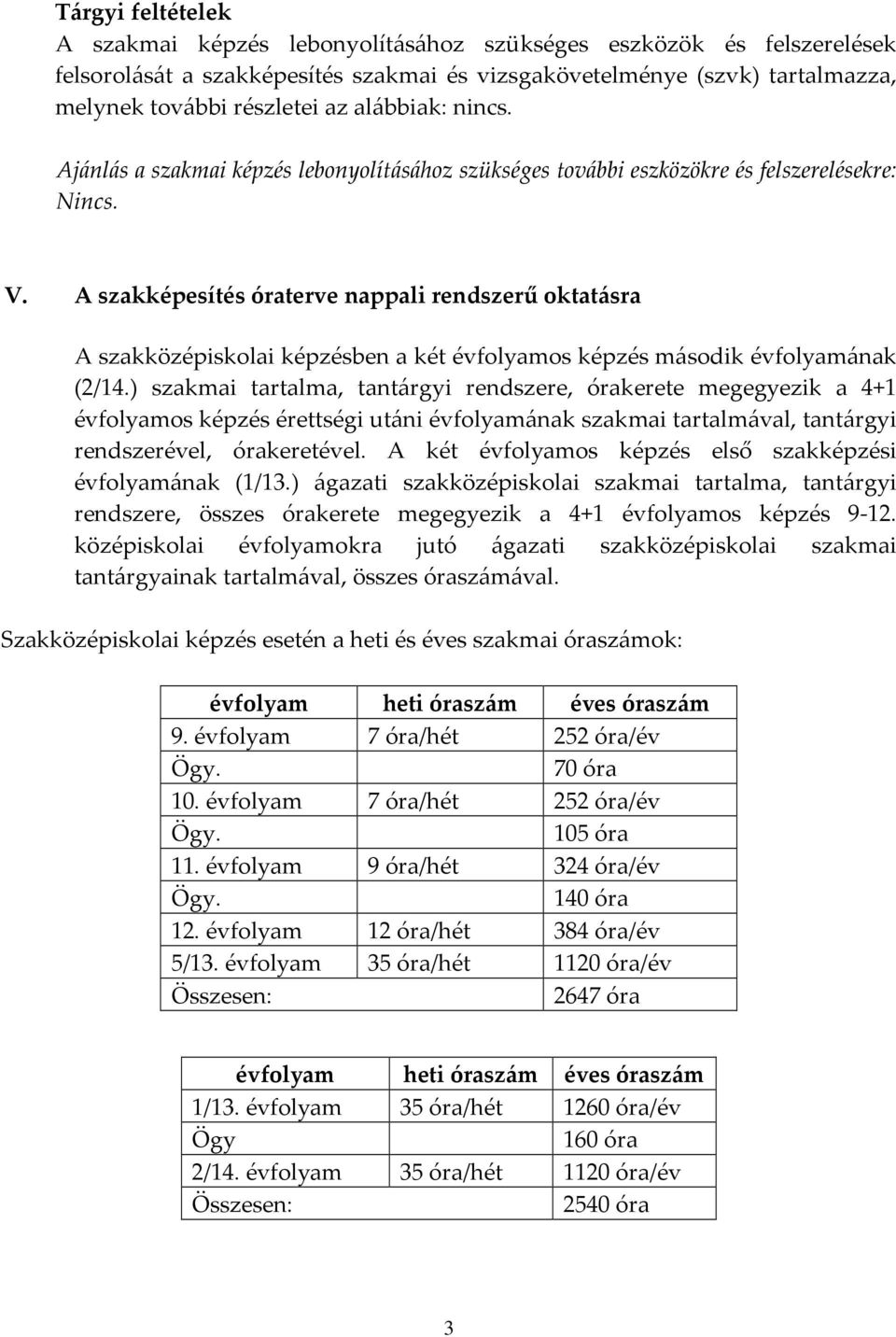 A szakképesítés óraterve nappali rendszerű oktatásra A szakközépiskolai képzésben a két évfolyamos képzés második évfolyamának (2/14.