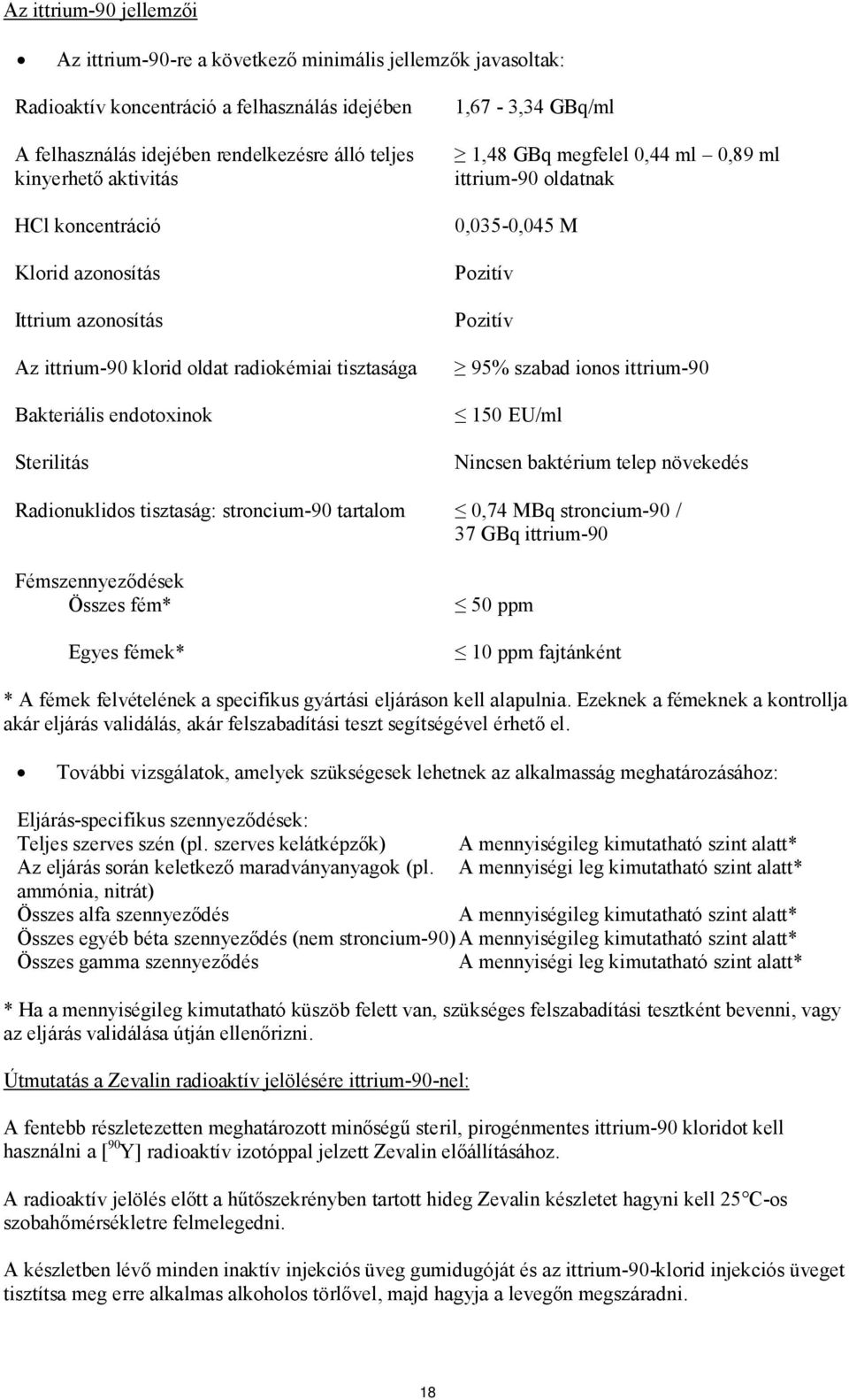 ittrium-90 oldatnak 0,035-0,045 M Pozitív Pozitív 95% szabad ionos ittrium-90 150 EU/ml Nincsen baktérium telep növekedés Radionuklidos tisztaság: stroncium-90 tartalom 0,74 MBq stroncium-90 / 37 GBq