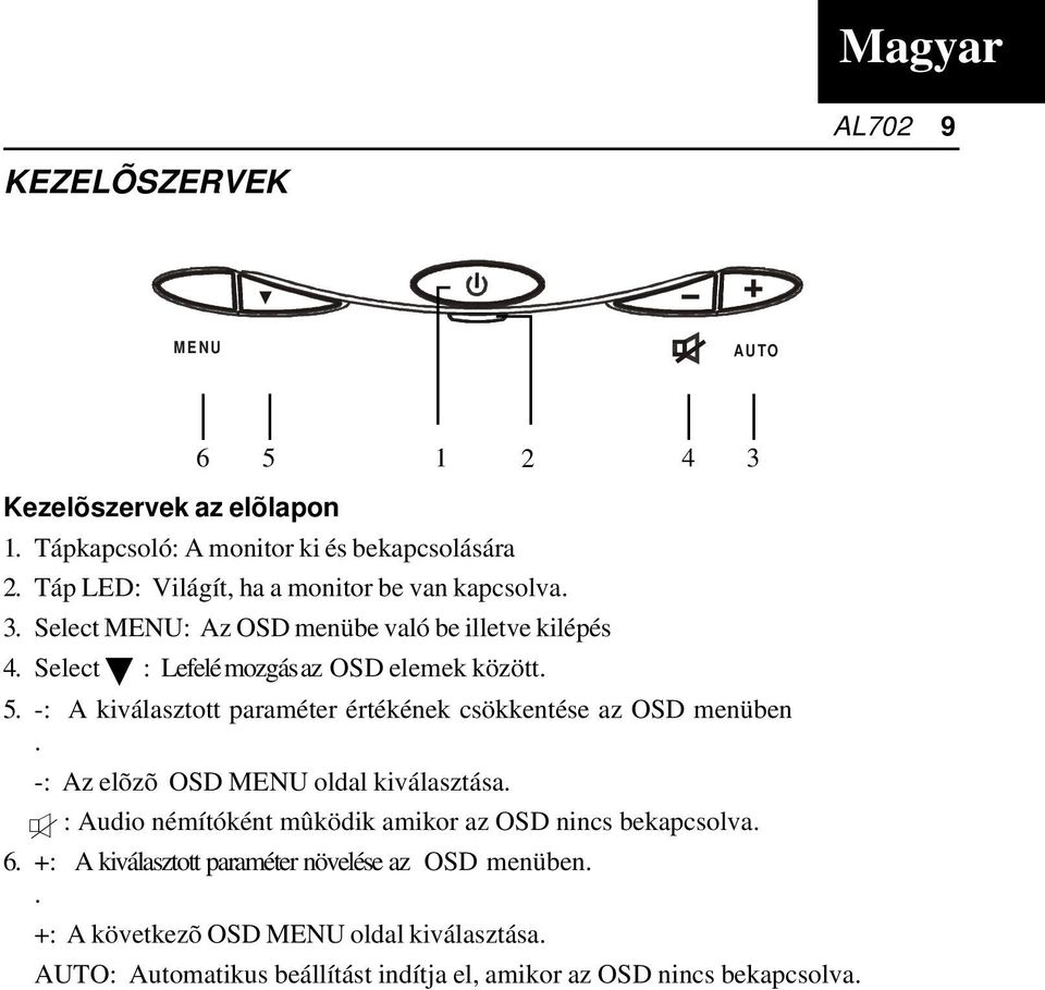 -: A kiválasztott paraméter értékének csökkentése az OSD menüben. -: Az elõzõ OSD MENU oldal kiválasztása.