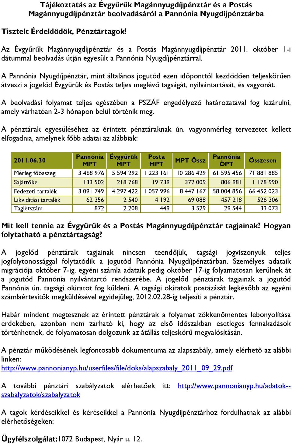 A Pannónia Nyugdíjpénztár, mint általános jogutód ezen idıponttól kezdıdıen teljeskörően átveszi a jogelıd Évgyőrők és Postás teljes meglévı tagságát, nyilvántartását, és vagyonát.