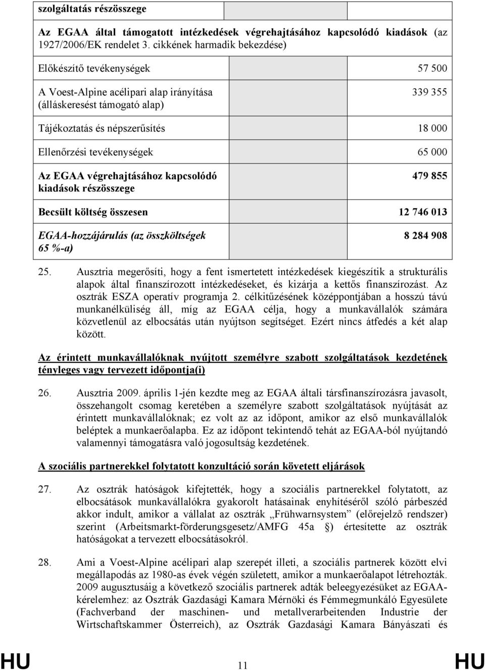 tevékenységek 65 000 Az EGAA végrehajtásához kapcsolódó kiadások részösszege 479 855 Becsült költség összesen 12 746 013 EGAA-hozzájárulás (az összköltségek 65 %-a) 8 284 908 25.