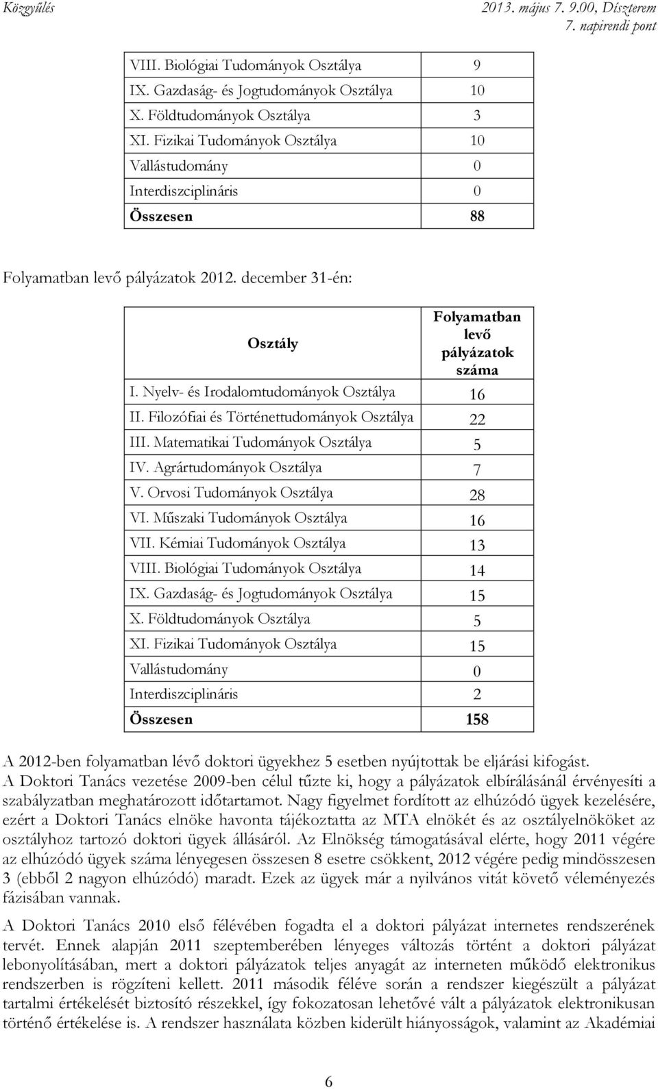 Nyelv- és Irodalomtudományok Osztálya 16 II. Filozófiai és Történettudományok Osztálya 22 III. Matematikai Tudományok Osztálya 5 IV. Agrártudományok Osztálya 7 V. Orvosi Tudományok Osztálya 28 VI.