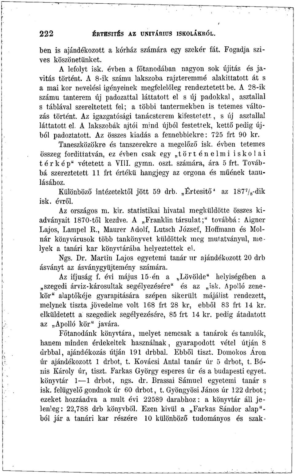 A 28-ik számú tanterem új padozattal láttatott el s új padokkal, asztallal s táblával szereltetett fel; a többi tantermekben is tetemes változás történt.