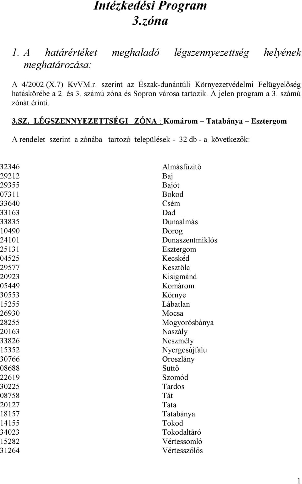 LÉGSZENNYEZETTSÉGI ZÓNA : Komárom Tatabánya Esztergom A rendelet szerint a zónába tartozó települések - 32 db - a következők: 32346 29212 29355 07311 33640 33163 33835 10490 24101 25131 04525 29577