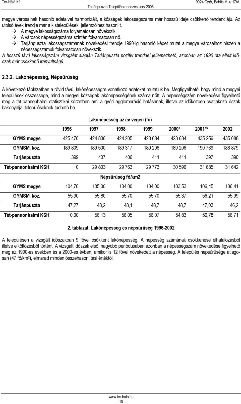 Tarjánpuszta lakosságszámának növekedési trendje 1990-ig hasonló képet mutat a megye városaihoz hiszen a népességszámuk folyamatosan növekszik.