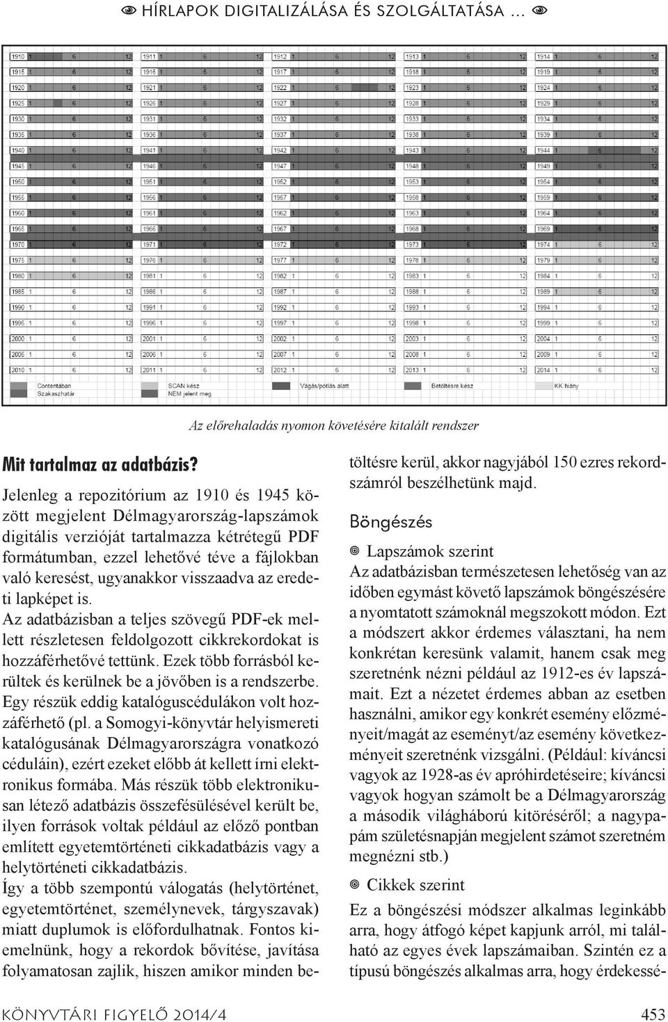 való keresést, ugyanakkor visszaadva az eredeti lapképet is. Az adatbázisban a teljes szövegű PDF-ek mellett részletesen feldolgozott cikkrekordokat is hozzáférhetővé tettünk.