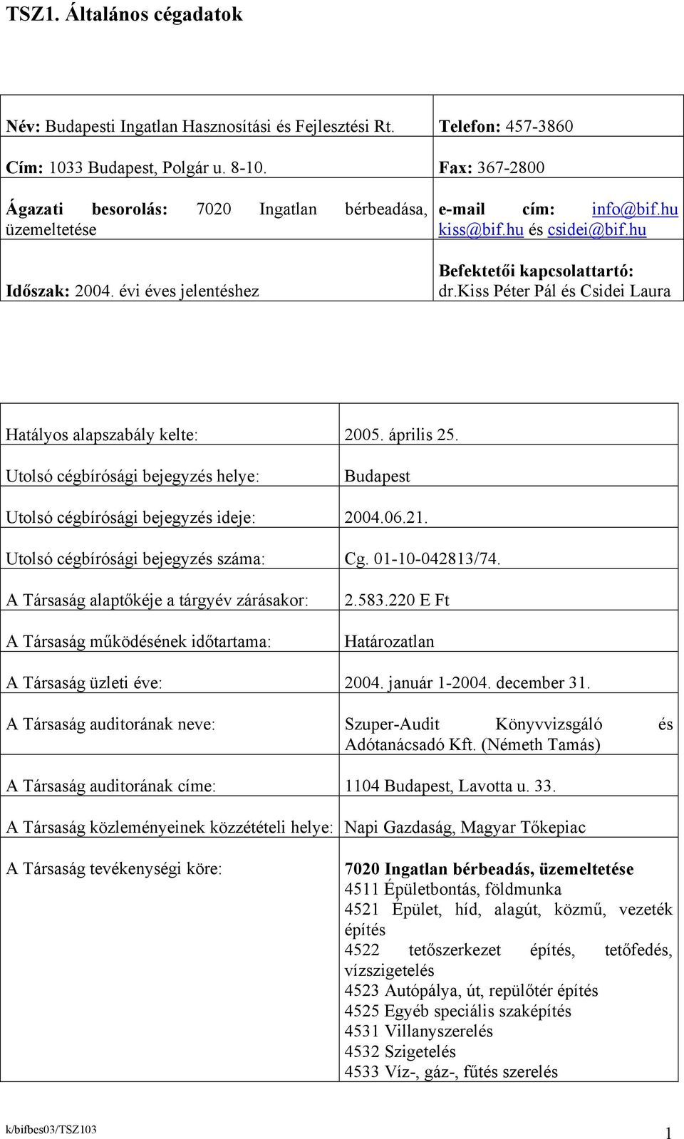 kiss Péter Pál és Csidei Laura Hatályos alapszabály kelte: 2005. április 25. Utolsó cégbírósági bejegyzés helye: Budapest Utolsó cégbírósági bejegyzés ideje: 2004.06.21.