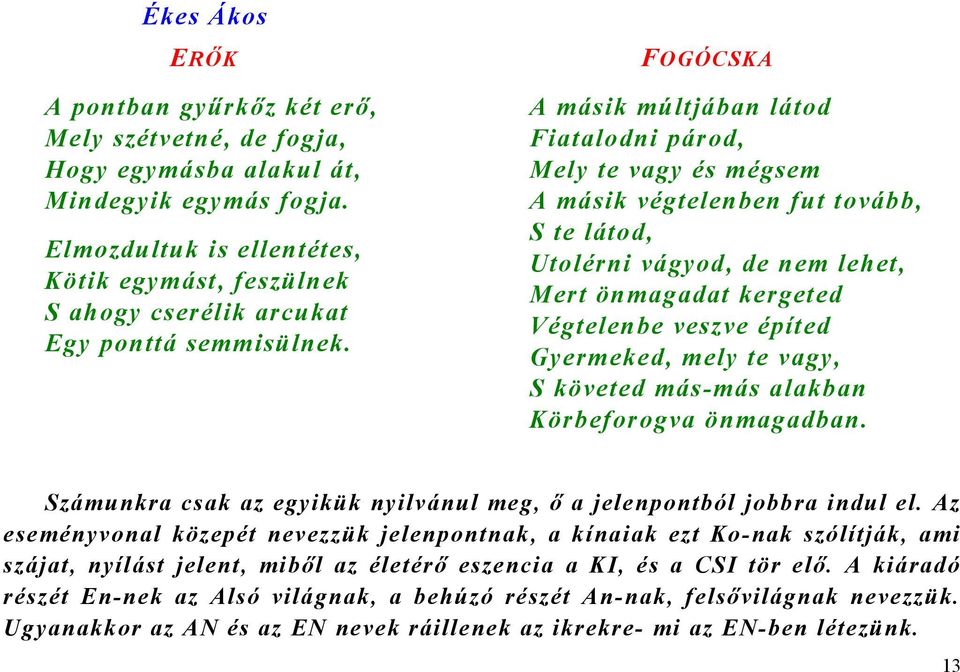 FOGÓCSKA A másik múltjában látod Fiatalodni párod, Mely te vagy és mégsem A másik végtelenben fut tovább, S te látod, Utolérni vágyod, de nem lehet, Mert önmagadat kergeted Végtelenbe veszve építed