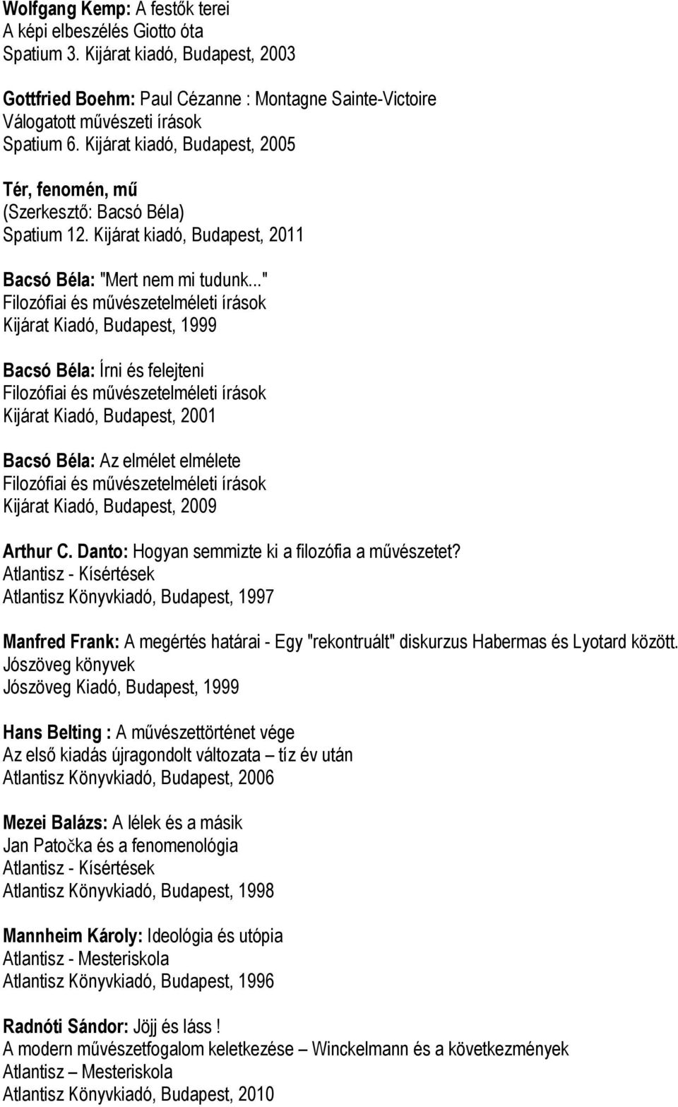 .." Filozófiai és mővészetelméleti írások Kijárat Kiadó, Budapest, 1999 Bacsó Béla: Írni és felejteni Filozófiai és mővészetelméleti írások Kijárat Kiadó, Budapest, 2001 Bacsó Béla: Az elmélet