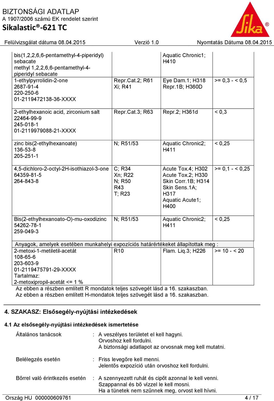 2; H361d < 0,3 zinc bis(2-ethylhexanoate) 136-53-8 205-251-1 N; R51/53 Aquatic Chronic2; H411 < 0,25 4,5-dichloro-2-octyl-2H-isothiazol-3-one 64359-81-5 264-843-8 C; R34 Xn; R22 N; R50 R43 T; R23