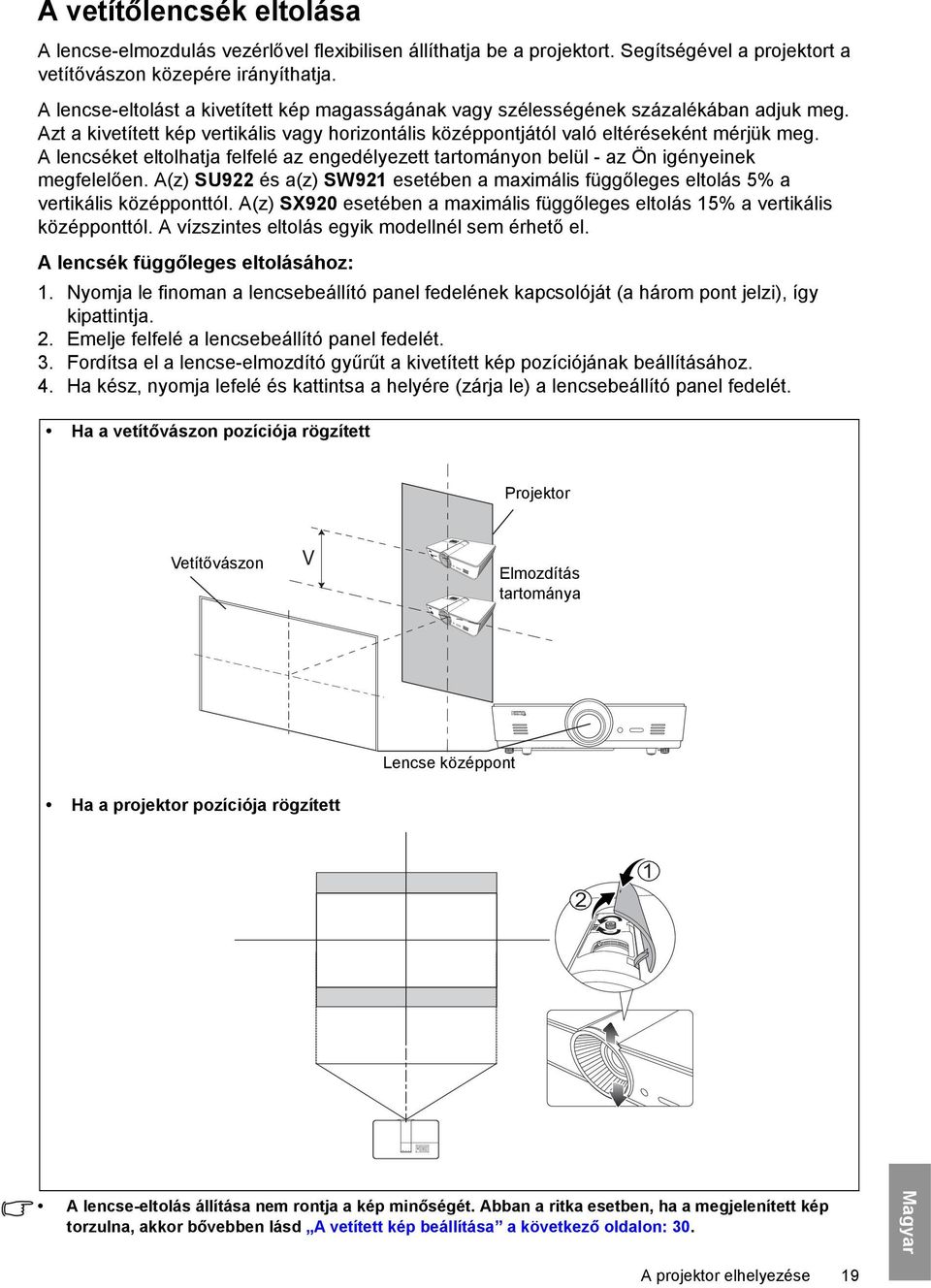 A lencséket eltolhatja felfelé az engedélyezett tartományon belül - az Ön igényeinek megfelelően. A(z) SU922 és a(z) SW921 esetében a maximális függőleges eltolás 5% a vertikális középponttól.