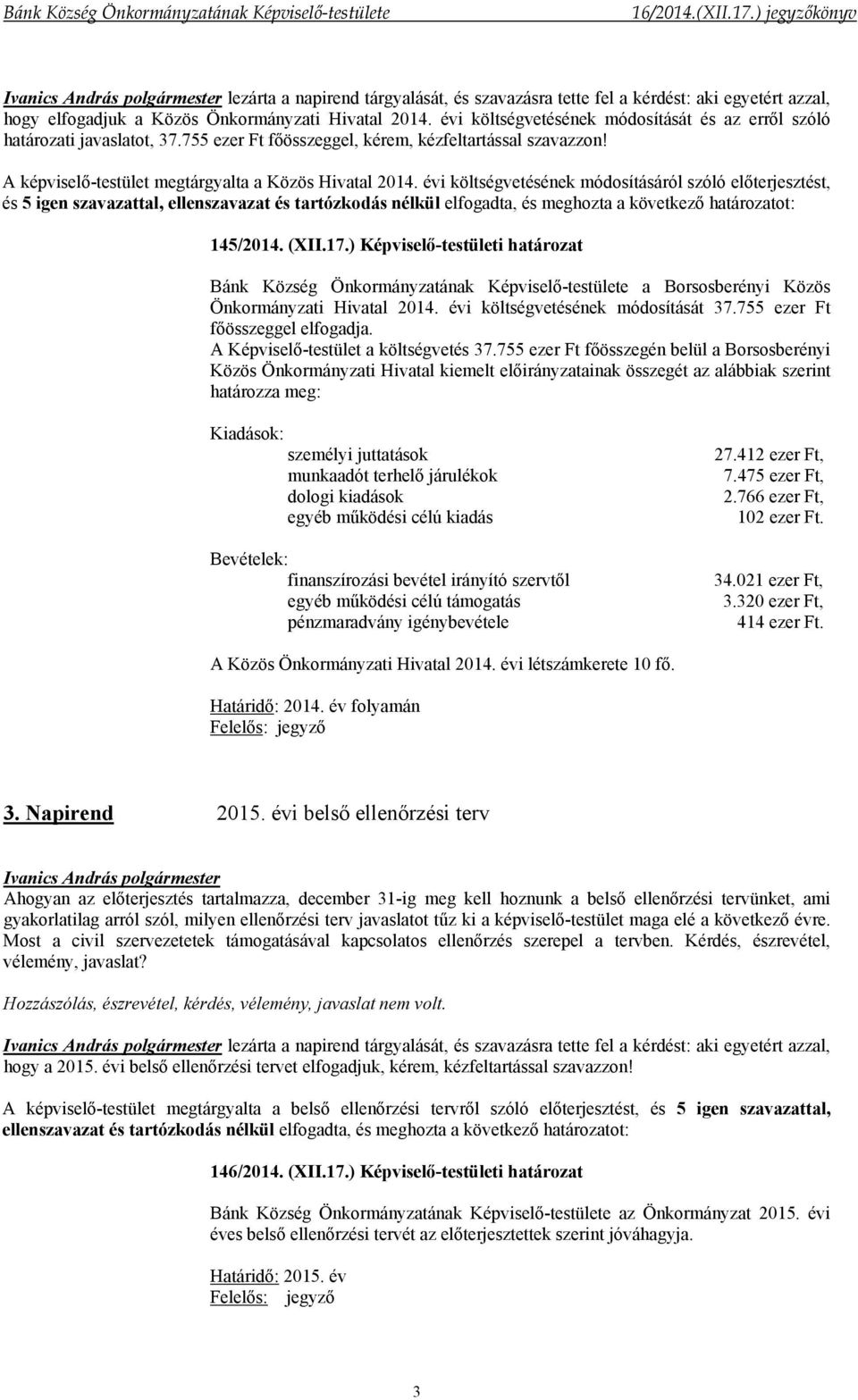 évi költségvetésének módosításáról szóló előterjesztést, és 5 igen szavazattal, ellenszavazat és tartózkodás nélkül elfogadta, és meghozta a következő határozatot: 145/2014. (XII.17.