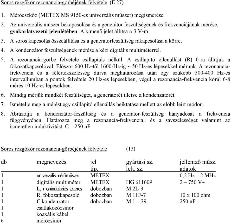 A rezonancia-görbe felvétele csillapítás nélkül. A csillapító ellenállást (R) 0-ra állítjuk a fokozatkapcsolóval. Először 600 Hz-től 1600-Hz-ig 50 Hz-es lépésekkel mérünk.