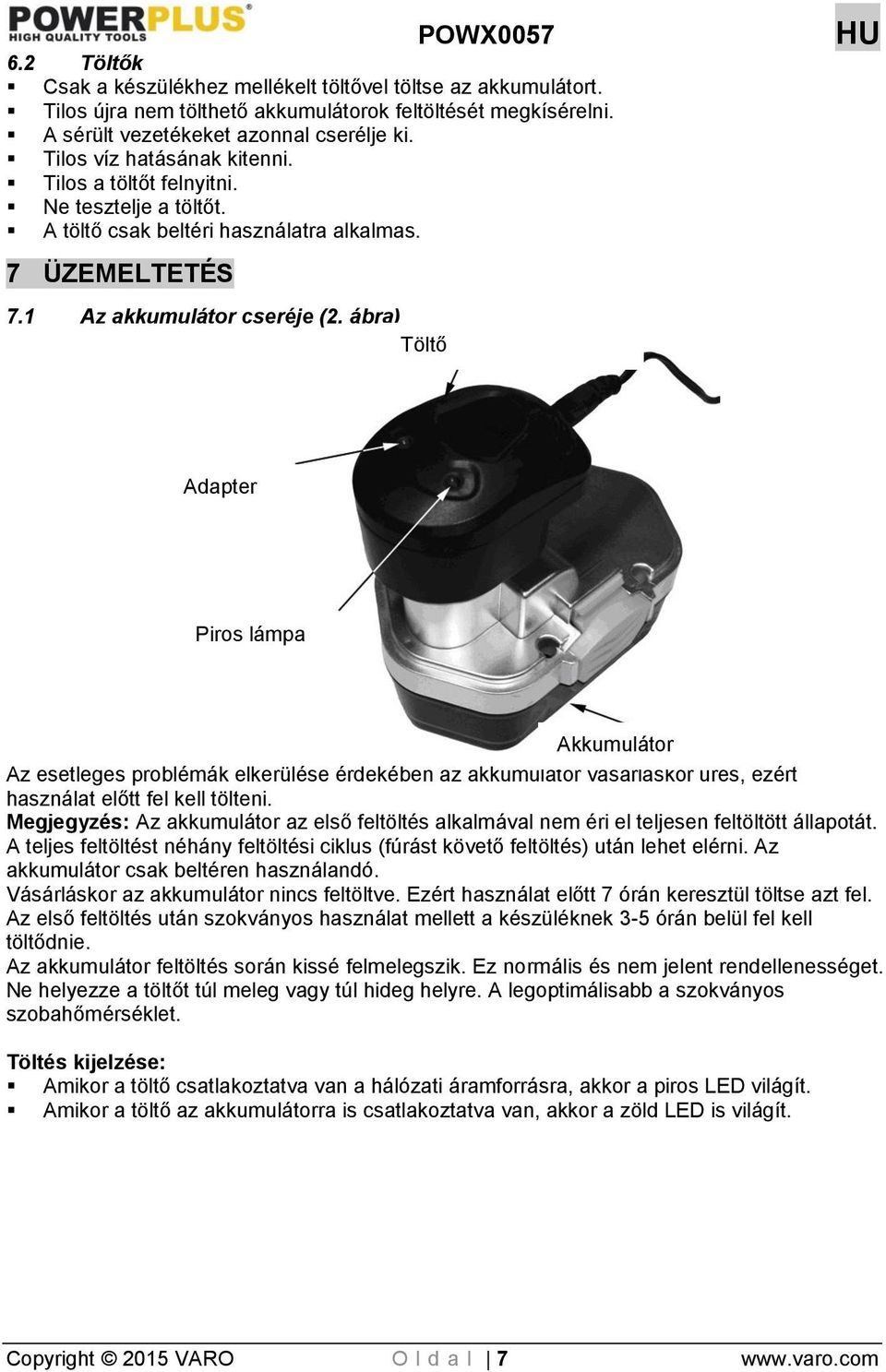 ábra) Töltő Adapter Piros lámpa Akkumulátor Az esetleges problémák elkerülése érdekében az akkumulátor vásárláskor üres, ezért használat előtt fel kell tölteni.