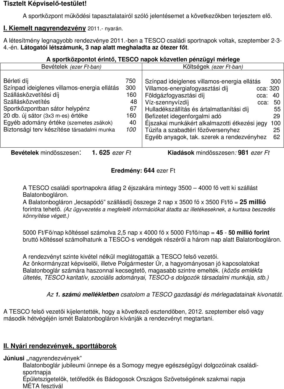 A sportközpontot érintı, TESCO napok közvetlen pénzügyi mérlege Bevételek (ezer Ft-ban) Költségek (ezer Ft-ban) Bérleti díj 750 Színpad ideiglenes villamos-energia ellátás 300 Szállásközvetítési díj