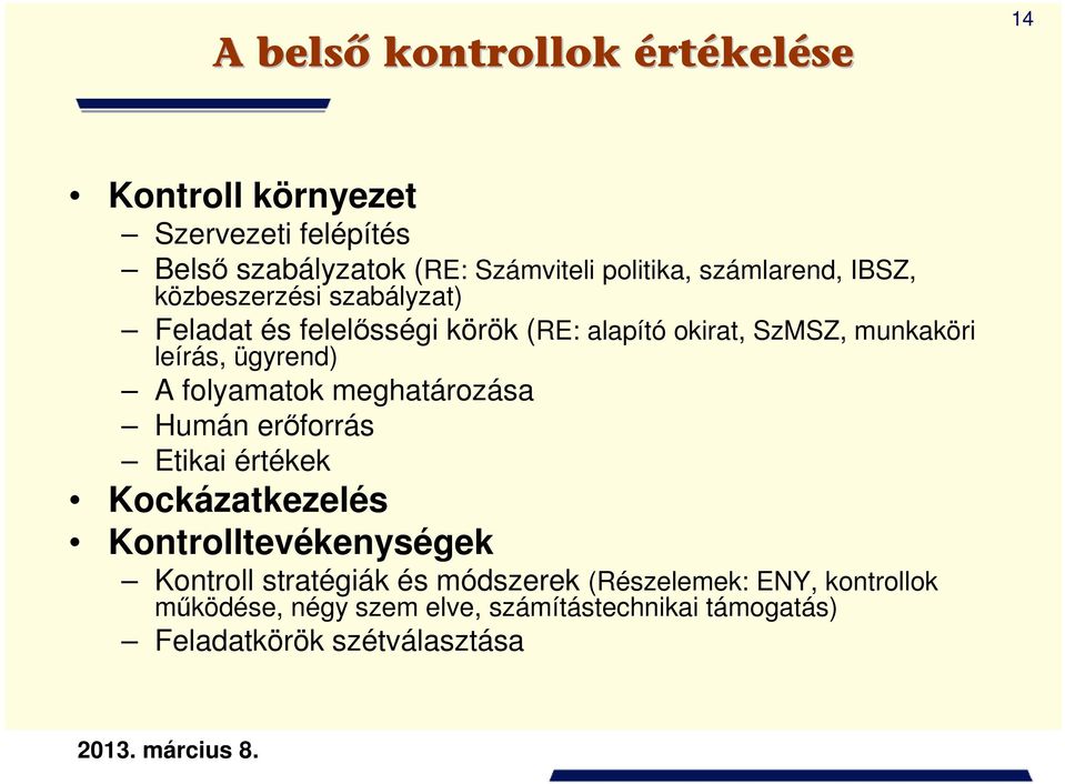 ügyrend) A folyamatok meghatározása Humán erıforrás Etikai értékek Kockázatkezelés Kontrolltevékenységek Kontroll