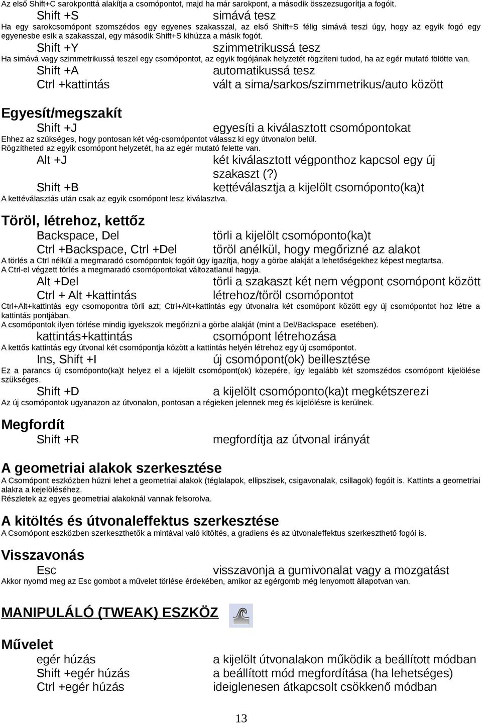 másik fogót. Shift +Y szimmetrikussá tesz Ha simává vagy szimmetrikussá teszel egy csomópontot, az egyik fogójának helyzetét rögzíteni tudod, ha az egér mutató fölötte van.