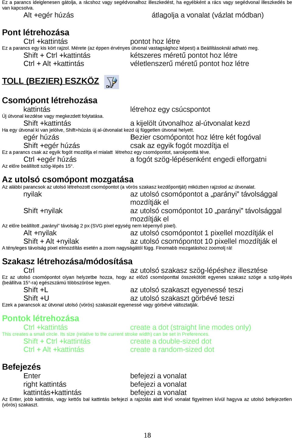 Shift + Ctrl + Ctrl + Alt + TOLL (BEZIER) ESZKÖZ Csomópont létrehozása Új útvonal kezdése vagy megkezdett folytatása.