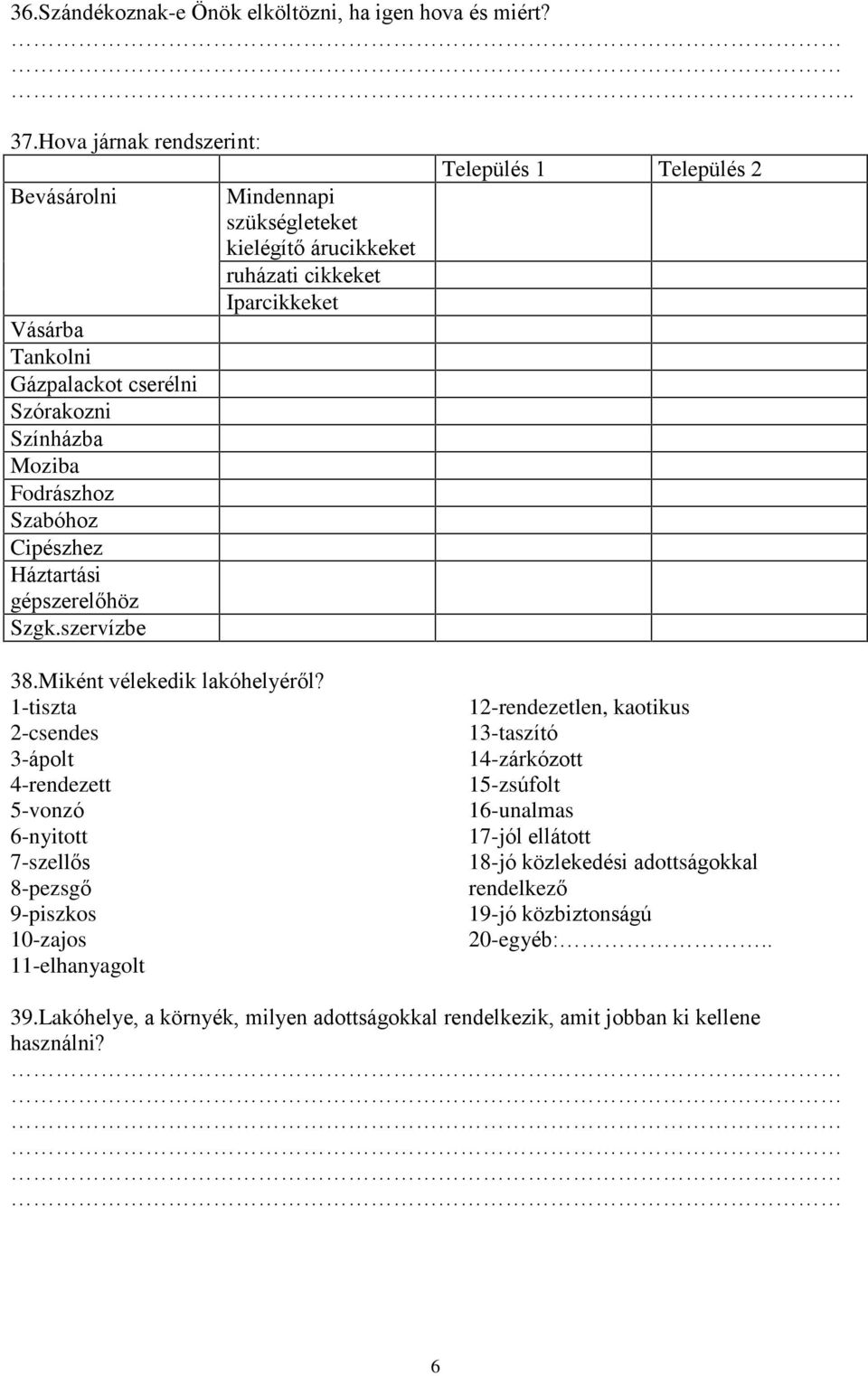 szervízbe Mindennapi szükségleteket kielégítõ árucikkeket ruházati cikkeket Iparcikkeket 38.Miként vélekedik lakóhelyérõl?