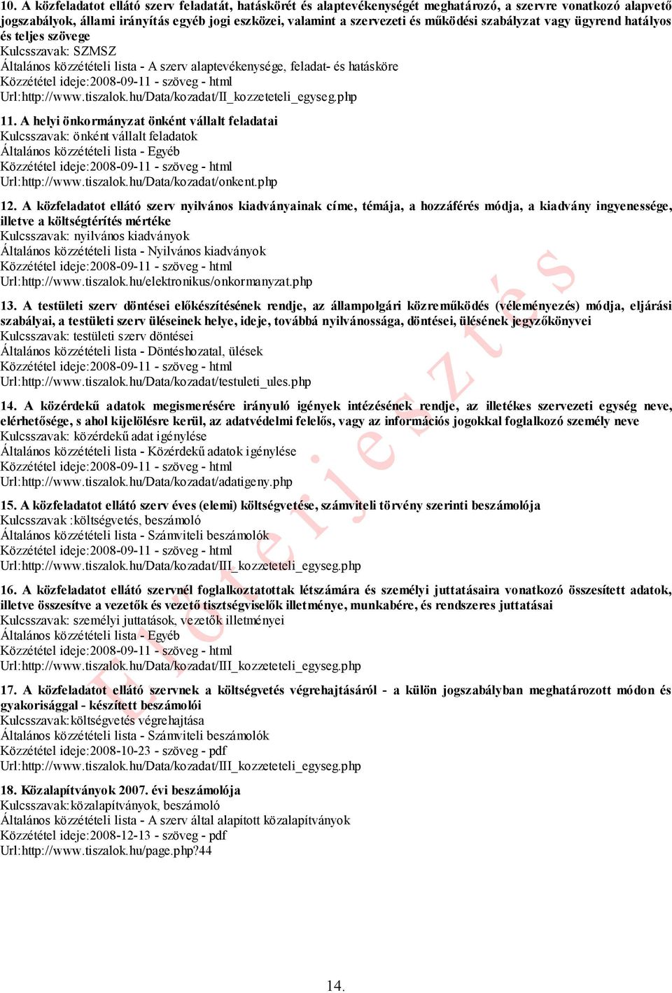hu/Data/kozadat/II_kozzeteteli_egyseg.php 11. A helyi önkormányzat önként vállalt feladatai Kulcsszavak: önként vállalt feladatok Általános közzétételi lista - Egyéb Url:http://www.tiszalok.