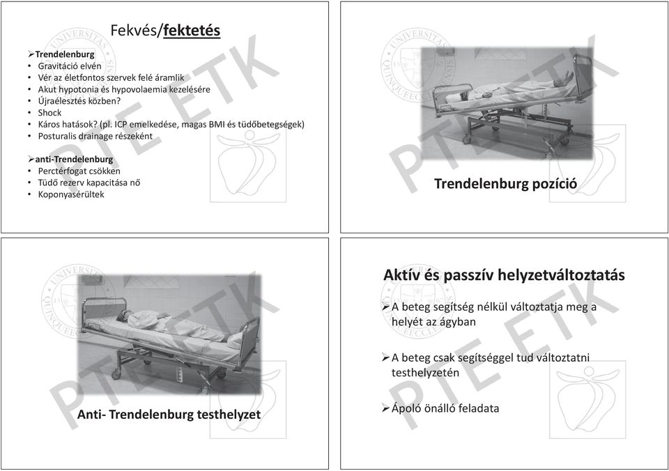 ICP emelkedése, elkedése, magas BMI és tüd betegségek) tegs Posturalis drainage részeként anti-trendelenburg ndel elenburg Perctérfogat rfog csökken Tüd